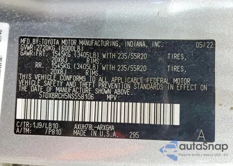 2022 Toyota Highlander Hybrid Limited z USA, uszkodzony, nr VIN 5TDXBRCH5NS558106